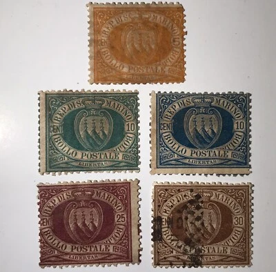 PXSTAMPS San Marino 1877-99 Coat of Arms SC #4 #7 #8 #13 #15 CV $950 PX1 - Image 1 of 2