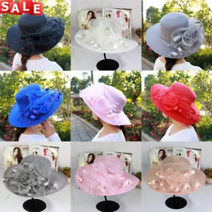 Mujeres Kentucky Derby Iglesia Sombrero Fascinador Organza Tea Fiesta Ala ancha Sombrero de sol - Imagen 1 de 23