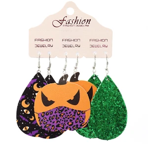 Juego de 3 Pares de Pendientes de Halloween Calabaza Fantasma Cuero PU Colgante Gota Dije Regalo - Imagen 1 de 5