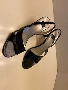 Anne Klein  Black Leather Slingback Sandals Size 7 M Heels 3.25" - Picture 1 of 3