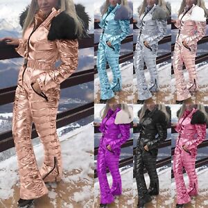 Women Shiny Hooded Warm Cotton Padded Jacket Fur Collar Jumpsuit Ski Suit Sports