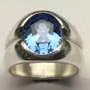 MJG STERLING SILVER MEN'S RING. 12 x 10mm LAB FACETED AQUAMARINE. SIZE 9.  - Picture 1 of 7