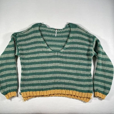 Free People Sweater Womens Medium Green Striped V Neck Cotton Knit Pullover - Image 1 of 4