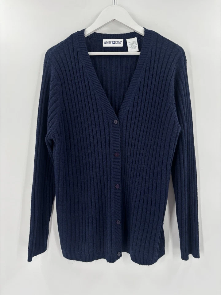 White Stag Cardigan Sweater Womens XL Navy Blue Rib Knit Button V Neck Stretchy - Image 1 of 4