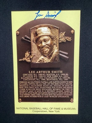 Lee Smith Signed Gold HOF Plaque Postcard Yellow Autograph Chicago Cubs HOF JSA - Image 1 of 3
