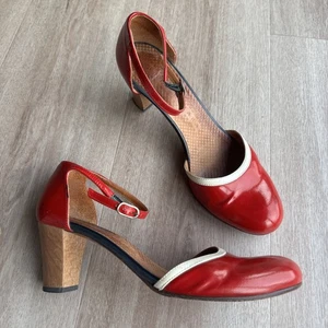 Chie Mihara Heels Size 39 US 8 Red Patent Leather Ankle Strap Red White Wooden - Picture 1 of 12