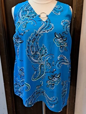 Blusa Dana Buchman Talla 1X Azul Floral Cachemira Sin Mangas Plateada Círculo en el Cuello Foto 1 de 4