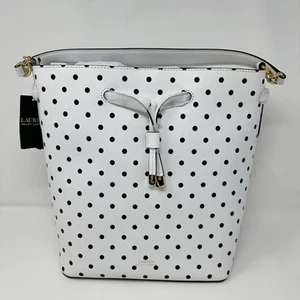 Lauren Ralph Lauren Dryden Debby Drawstring Handbag White Black Polka Dot Print - Picture 1 of 24