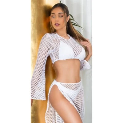 Transparentes Damen Netz Crop-Top Cover-Up Weiß #S1376 - Bild 1 von 4