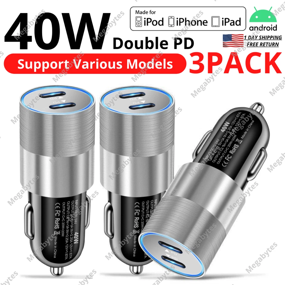 Car Charger 40W Dual PD USB-C Fast Adapter For iPhone 16 15 14 13 12 11 Pro Max - Image 1 of 4
