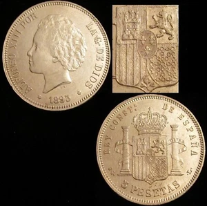 *GUTSE*681-ALFONSO XIII, 5 PESETAS 1893*18-93, MADRID PG L, CASI SIN CIRCULAR. - Picture 1 of 3