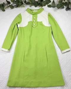 VTG 70's Green and White Mod MCM GoGo Long SLeeve Shift Dress Size L - Picture 1 of 10