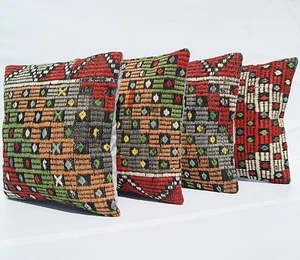 EMBROIDERED PILLOWS KILIM HAND WOVEN TURKISH SQUARE WOOL GREEN AREA RUGS 16"X16" - Picture 1 of 5
