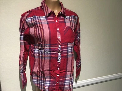 Girl Krazy Red Blue White Plaid Long Sleeve Shirt w/ pockets Boyfriend Fit Sz S - Image 1 of 4