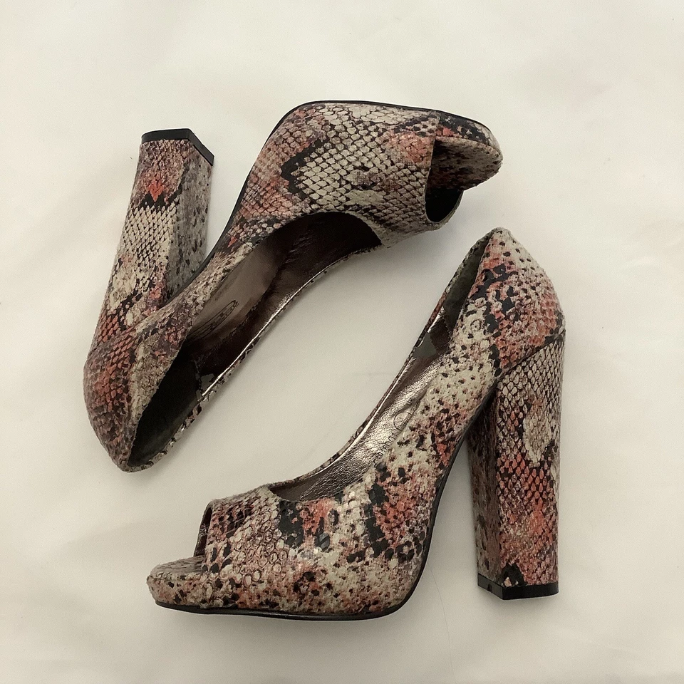 Пятно на коралловый серый змеиная кожа эффект коренастый Peeptoe каблуки - размер 3/36 - новый - Изображение 1 из 4