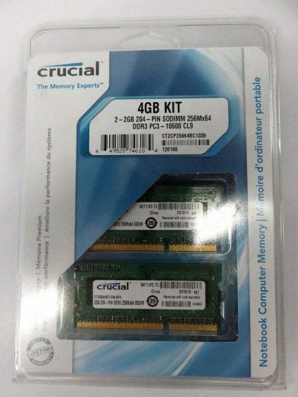 Crucial 2- 2GB 204-PIN SODIMM DDR3  Memory Module 4GB Kit CT2KIT25664BC1339 - Image 1 of 4