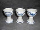 Vintage Handmade Czech Blue Onion Flower Stoneware 3 Egg Cups