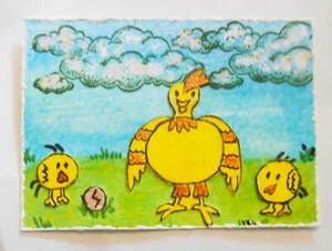 ACEO Original OOAK Gemälde Collage Veronica Stewart Henne und Küken - Bild 1 von 2