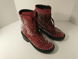 CAPE ROBBIN Size 5 Tris Med Burgundy Faux Suede Spiked Lace Up Fashion Boots - Picture 1 of 11