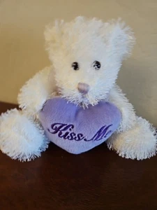 T L TOYS White Teddy Bear W/ Purple Heart KISS ME 8" Plush Stuffed Animal - Picture 1 of 3