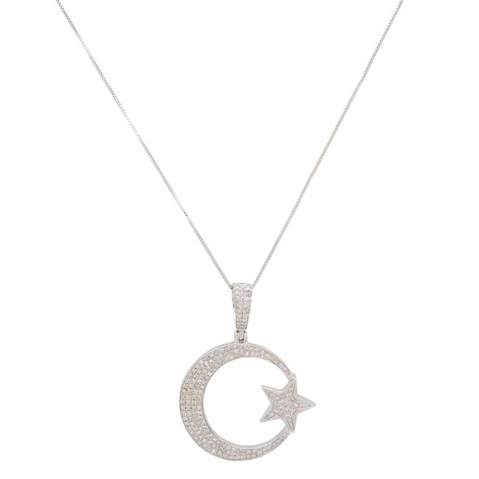 Cluster Diamond Moon & Star Pendant 14k White Gold 20" Necklace - 0.35ctw - Image 1 of 4