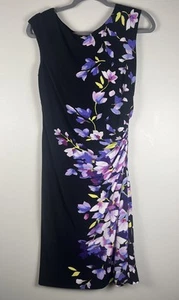 Lauren Ralph Lauren Dress Size 8 Black Purple Floral Ruched Side Office Career - Picture 1 of 6
