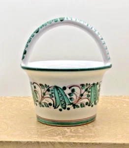 Slov Modra Keramika Pottery Small Basket Handpainted Czech Folk Art Green, 5” - Picture 1 of 6