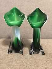 Set Of 2 Unique Vintage art glass jack in pulpit vase Green and  white  Lily