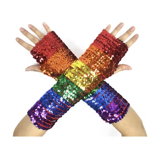 RAINBOW SEQUIN FINGERLESS GLOVES Mardi Gras Gay Pride LGBT Lesbian Party - Picture 1 of 2