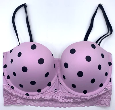 Pink Bustier 34D Bra Polka Dot Adjustable Strap Strapless Lace Victorias Secret - Image 1 of 4