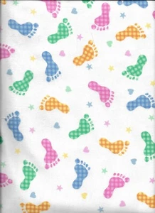 White with Yellow, Green, Pink, and Blue Baby Feet Flannel Fabric bythe 1/4 Yard - Picture 1 of 2
