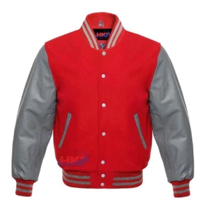 Baseball Varsity Letterman Bomber Orange Wool & Genuine Gray Leather Sleeves - Picture 1 of 2