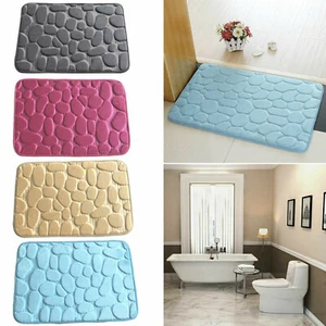 Non-Slip Bath Mat Memory Foam 3D Cobble Stone Shape Microfibre Pebble Toilet Rug - Picture 1 of 5