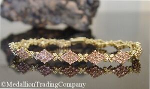 14k Yellow Gold 3.5 Carat Natural Pink Sapphire Cluster Flower Tennis Bracelet