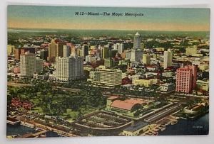 Postcard Miami Magic Metropolis Skyline Aerial View Linen Florida FL H369 - Picture 1 of 2