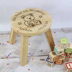 Personalised Child’s Wooden Stool On Your 1st Birthday Chair 1 Year Old Baby - Picture 1 of 16