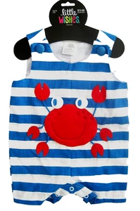 Little Wishes One Piece Blue White Stripe Red Crab Applique Sz 3-6 Mo Cotton New - Picture 1 of 3