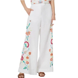JOHNNY WAS Women Small Averi Wide Leg Linen Pant Floral Embroidered White Pants - Picture 1 of 15