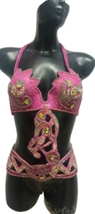 Ägyptischer Bauchtanz Kostüm BH Gürtel Set Profi Tanzen Rosa Silber Perlen - Bild 1 von 7