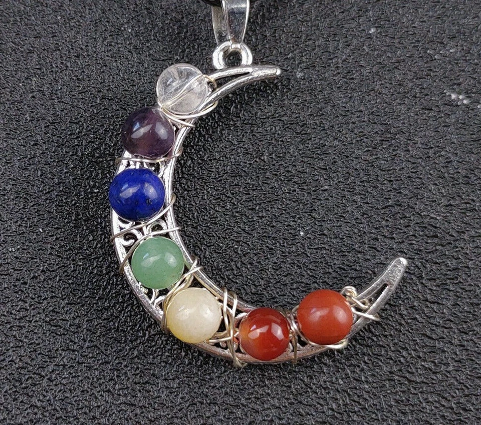 Collana ciondolo luna 7 chakra vere pietre naturali GARANZIA argento 925 NUOVA - Immagine 1 di 2