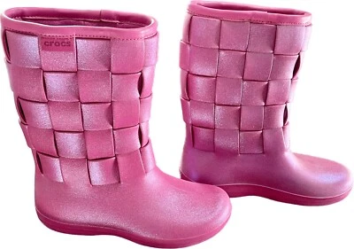 Crocs Botas Rosa Iridiscente���� Brillo Botas de Lluvia Mujer Talla 8 RARAS FORRADAS Trenzadas Foto 1 de 4