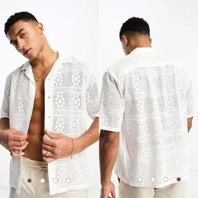 Camisa de campamento de encaje blanca con botones Abercrombie & Fitch para hombre talla grande alta LT Foto 1 de 4