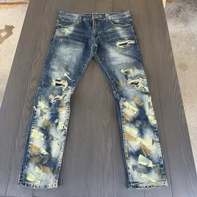 Pantalones de mezclilla desgastados cepillados pintura azul Smoke Rise Streetwear Moto para hombre 38x34 Foto 1 de 4