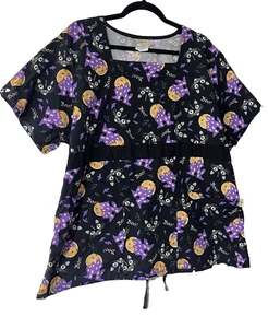 Tafford Women's Scrub Top Size XL Halloween Black Cat Haunted House Tie-Back Boo - Picture 1 of 3