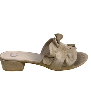 Tan Ruffled Faux Suede Slide Sandals Low Block Heel Size 9.5 NWOT - Picture 1 of 9