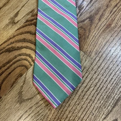 Corbata Brooks Brothers Makers a Rayas Verde Rosa Púrpura Tejida Seda Algodón Inglaterra  Foto 1 de 4