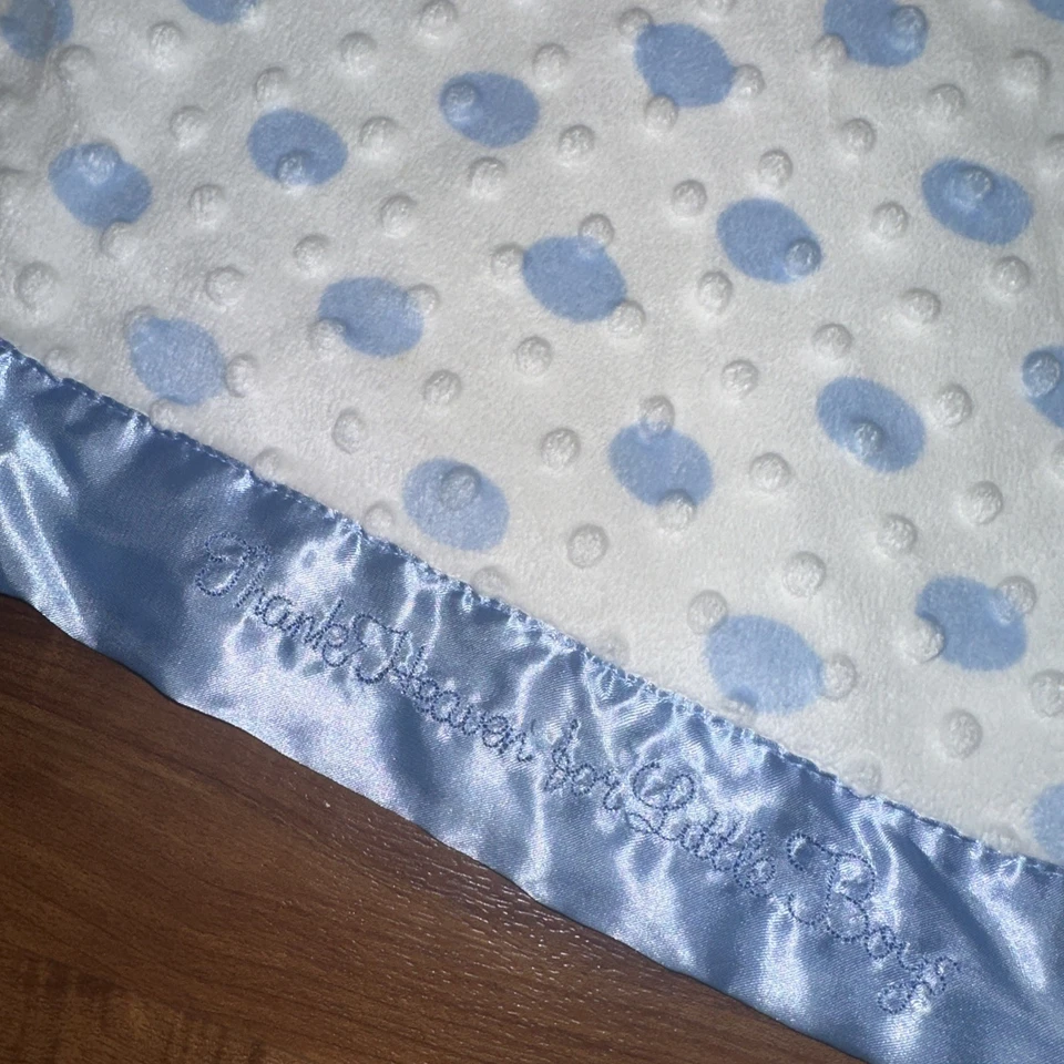 Thank Heaven for Little Boys Blue Minky Dots baby blanket satin trim - Image 1 of 4