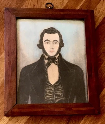 Retrato masculino grafito color grafito original de la escuela americana 1830-1850 enmarcado Foto 1 de 4