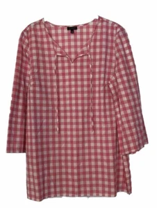 Talbots Popover Blouse Size M Pink White Check 3/4 Sleeves Cotton Preppy - Picture 1 of 8