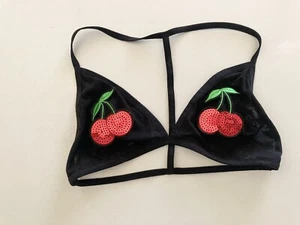 Red Cherry Sequined Black Mesh Bra Size XS/S Pin Up Wireless Bralette - Picture 1 of 4
